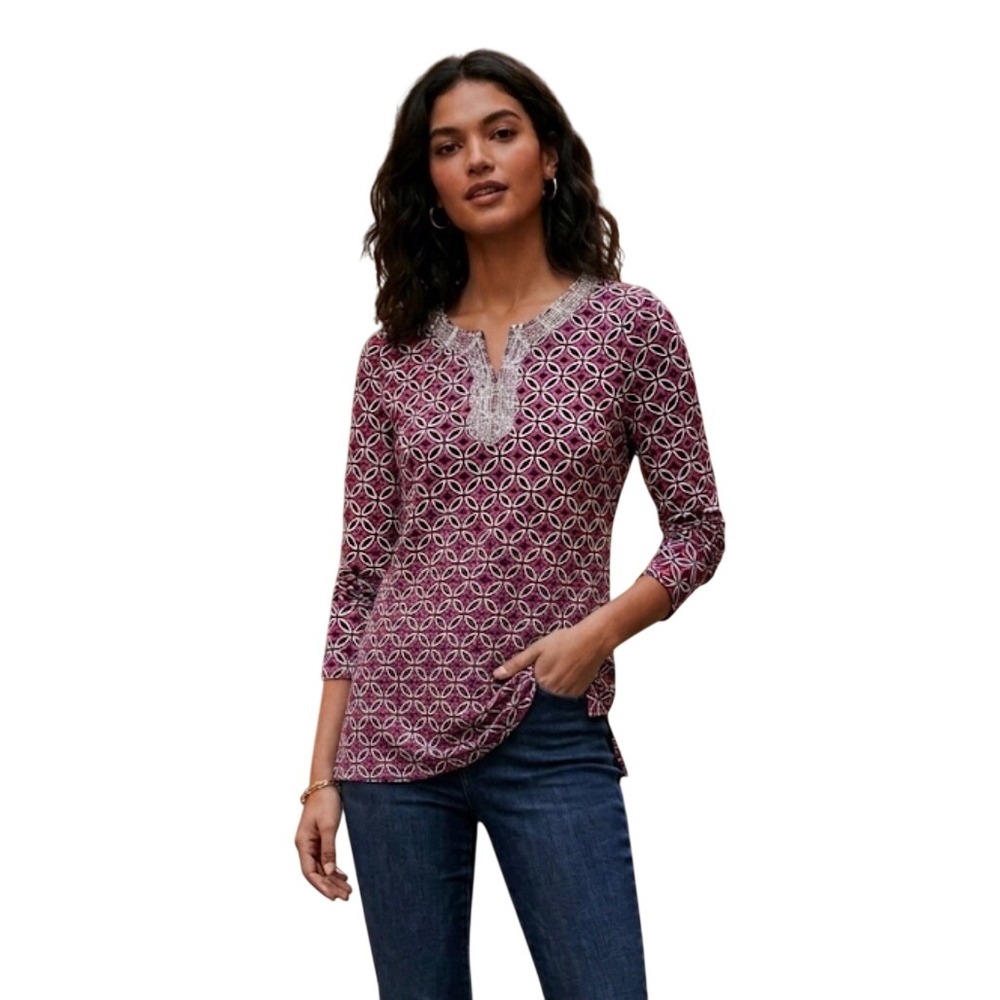 Ann Taylor LOFT‎ Purple Geometric Beaded Split Neck Tunic Top Womens Size Medium